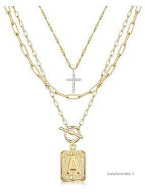 Layered Initial Necklaces for Women Trendy 14K Gold Plated Brass Dainty Cross